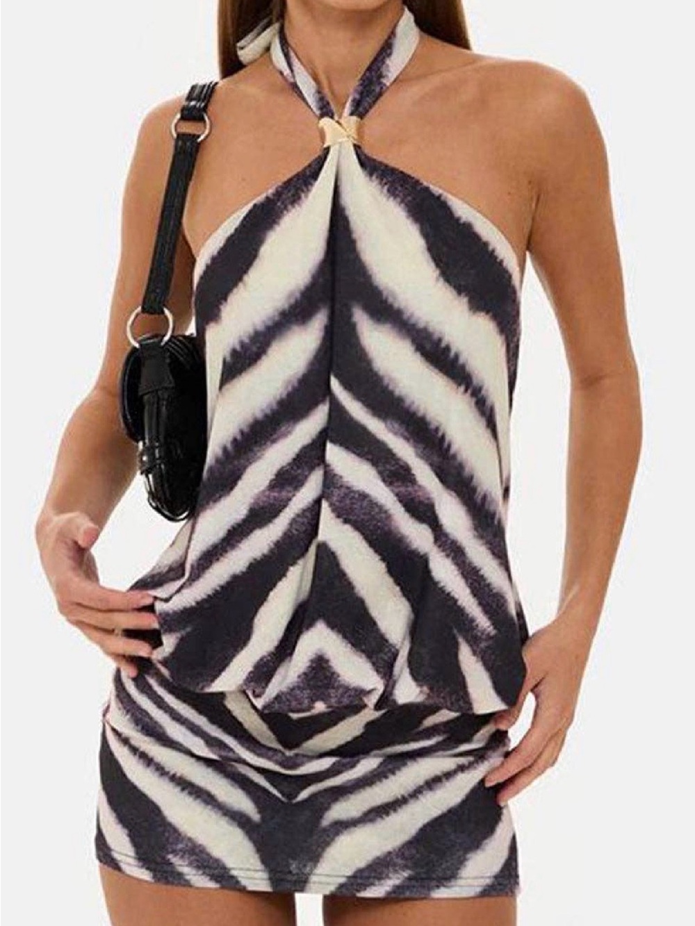 Zebra Print Halter Neck Women’s Top in Ivory and Black
